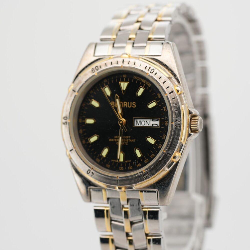 Benrus BNW706 Two Tone 38mm Diver Style Quartz Watch Day Date New Battery